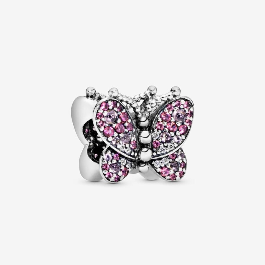 Charms Pandora | Butterfly Silver Charm With Cerise, Pink Mist Crystal And Clear Cubic Zirconia