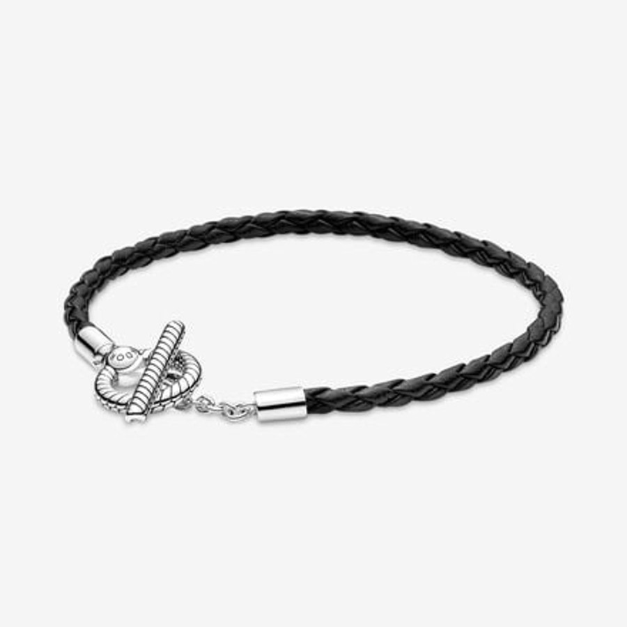 Bracciali Pandora | Bracciale In Pelle Nera Con Chiusura A T