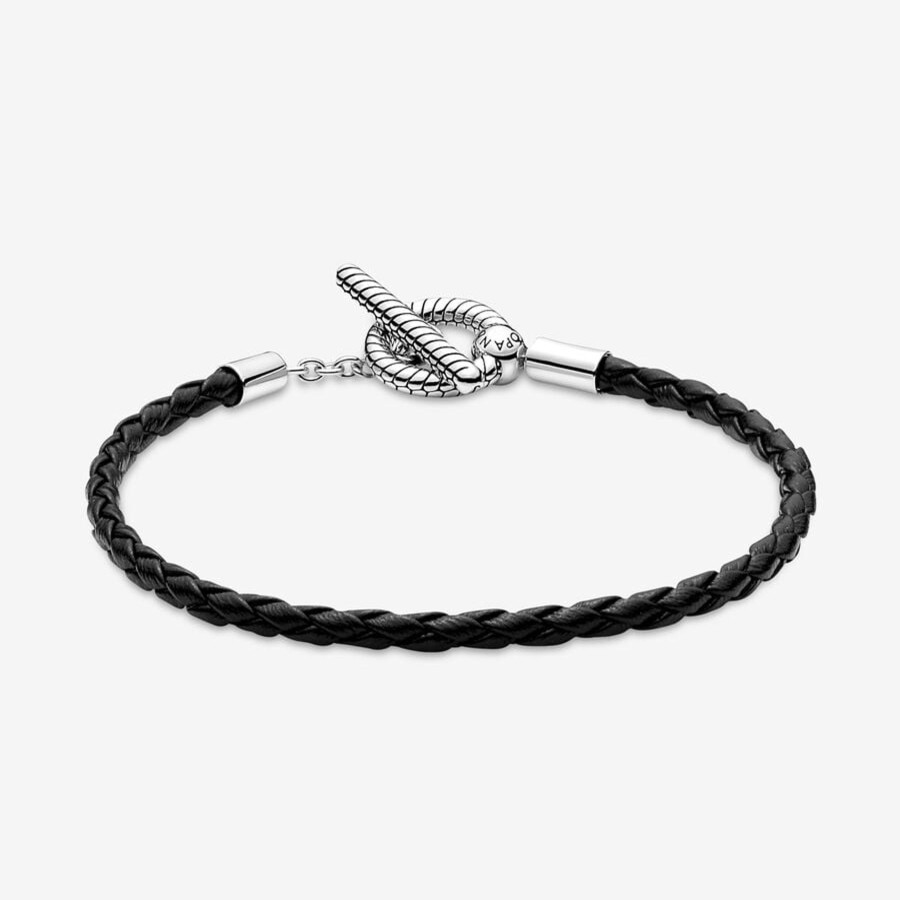 Bracciali Pandora | Bracciale In Pelle Nera Con Chiusura A T