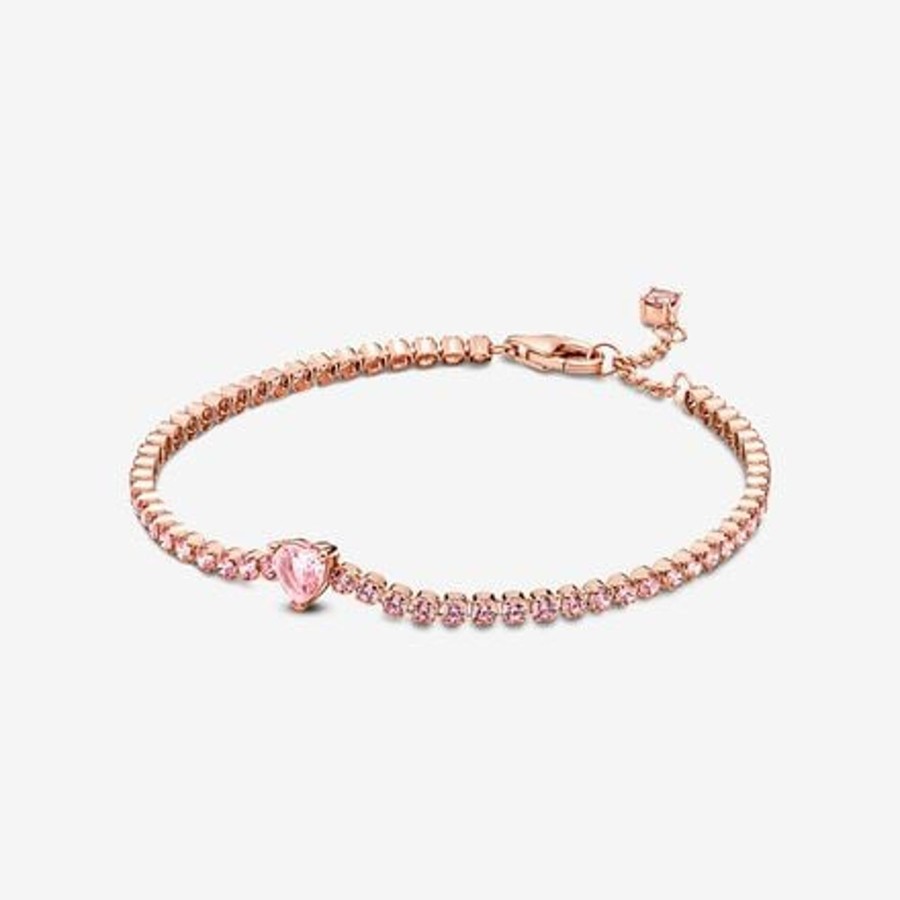 Bracciali Pandora | Bracciale Tennis Rosa Con Cuore In Rilievo