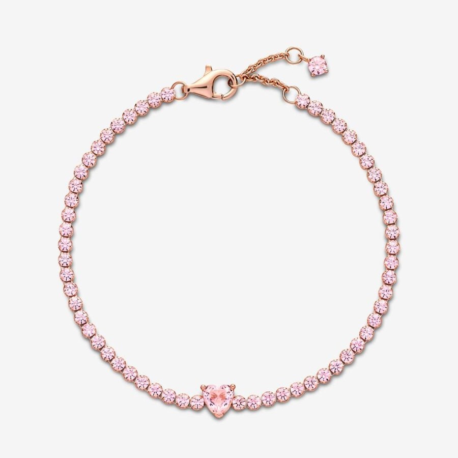 Bracciali Pandora | Bracciale Tennis Rosa Con Cuore In Rilievo