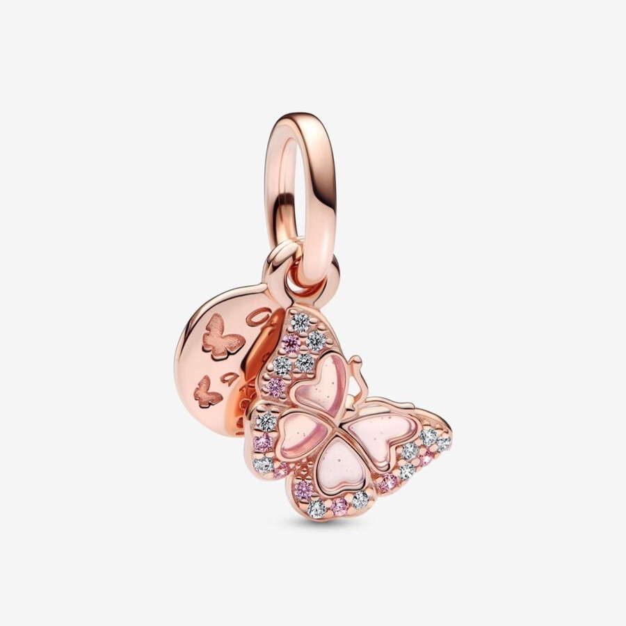 Charms Pandora | Charm Pendente Doppio Farfalla Rosa E Messaggio